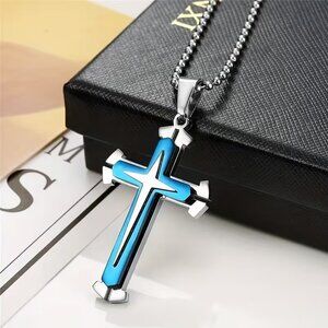 Blue & Silver Cross Pendant with Chain